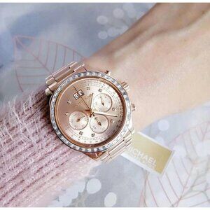 Michael Kors Rose Gold Womens Chronograph Watch w/Crystal Bezel & Date Display